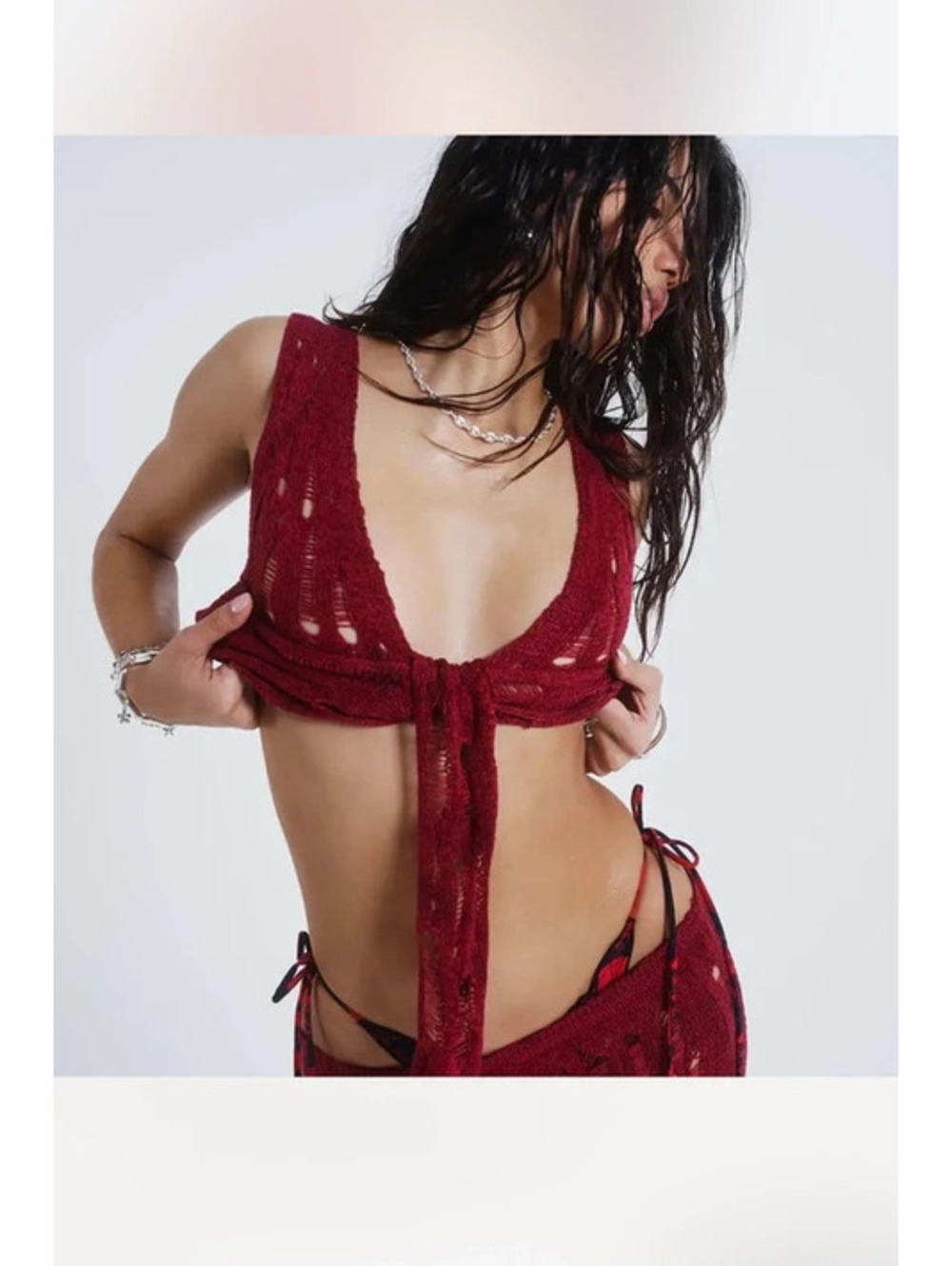 Jaded London Odette Laddered Wrap Knit Top in a burgundy
